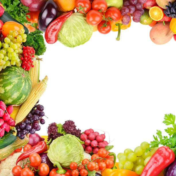 istock Frame of set vegetables and fruits on white background. 1263128087