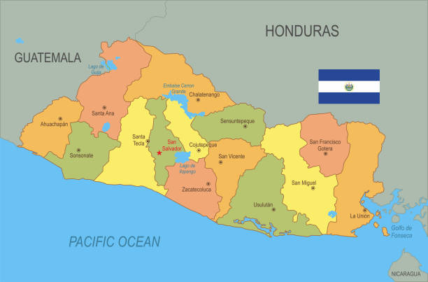 Flat map of El Salvador
 with flag Detailed map of El Salvador
 with surroundings, provinces, capital and flag. el salvador stock illustrations