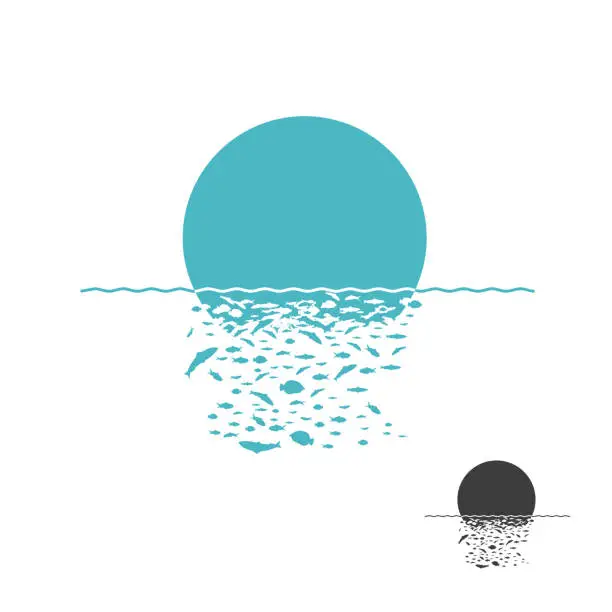 Vector illustration of Planet and sun with the effect of destruction. Fishes. Water.