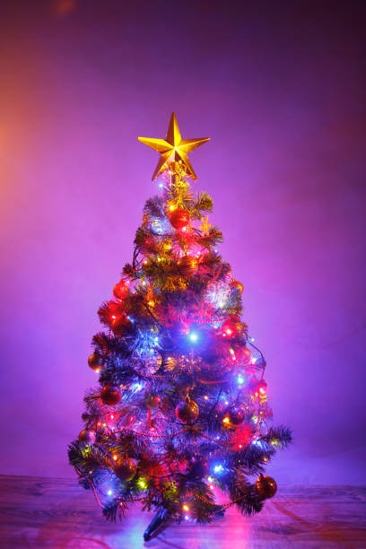 christmas tree with festive lights, purple background - fog tree purple winter imagens e fotografias de stock
