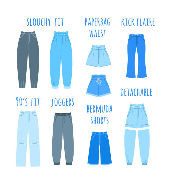 ilustraciones, imágenes clip art, dibujos animados e iconos de stock de modelos de moda mujeres jeans y shorts tipos de ilustración vectorial plana - jean shorts