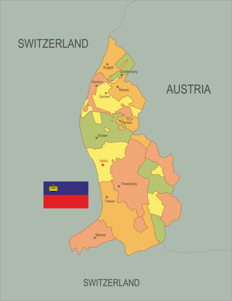 ilustrações, clipart, desenhos animados e ícones de mapa plano de liechtenstein com bandeira - liechtenstein