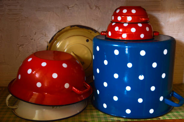 vintage metal dishes on the shelf