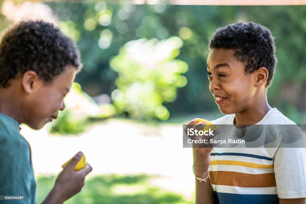 Two boys are eating a lemon and frowning on a beautiful sunny day African Ethnicity Stock Photo