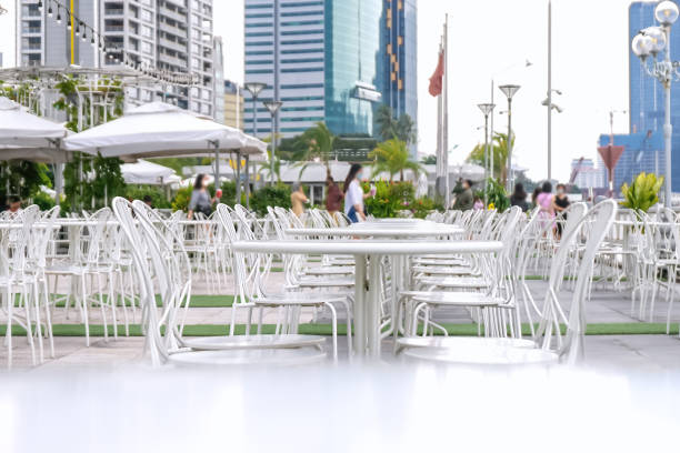 Reopening restaurant after Covid quarantine. Decline in demand for restaurants and cafes after quarantine. Blurred photo with soft focus. Empty place for text, copy space. \