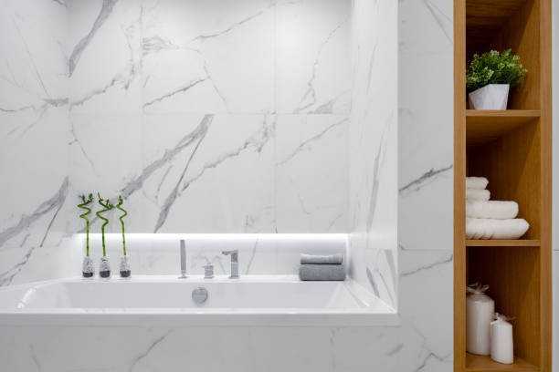 istock Bathtub in bathroom with marble tiles 1263136674