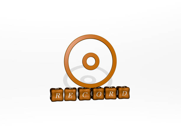 3D representation of RECORD with icon on the wall and text arranged by metallic cubic letters on a mirror floor for concept meaning and slideshow presentation
