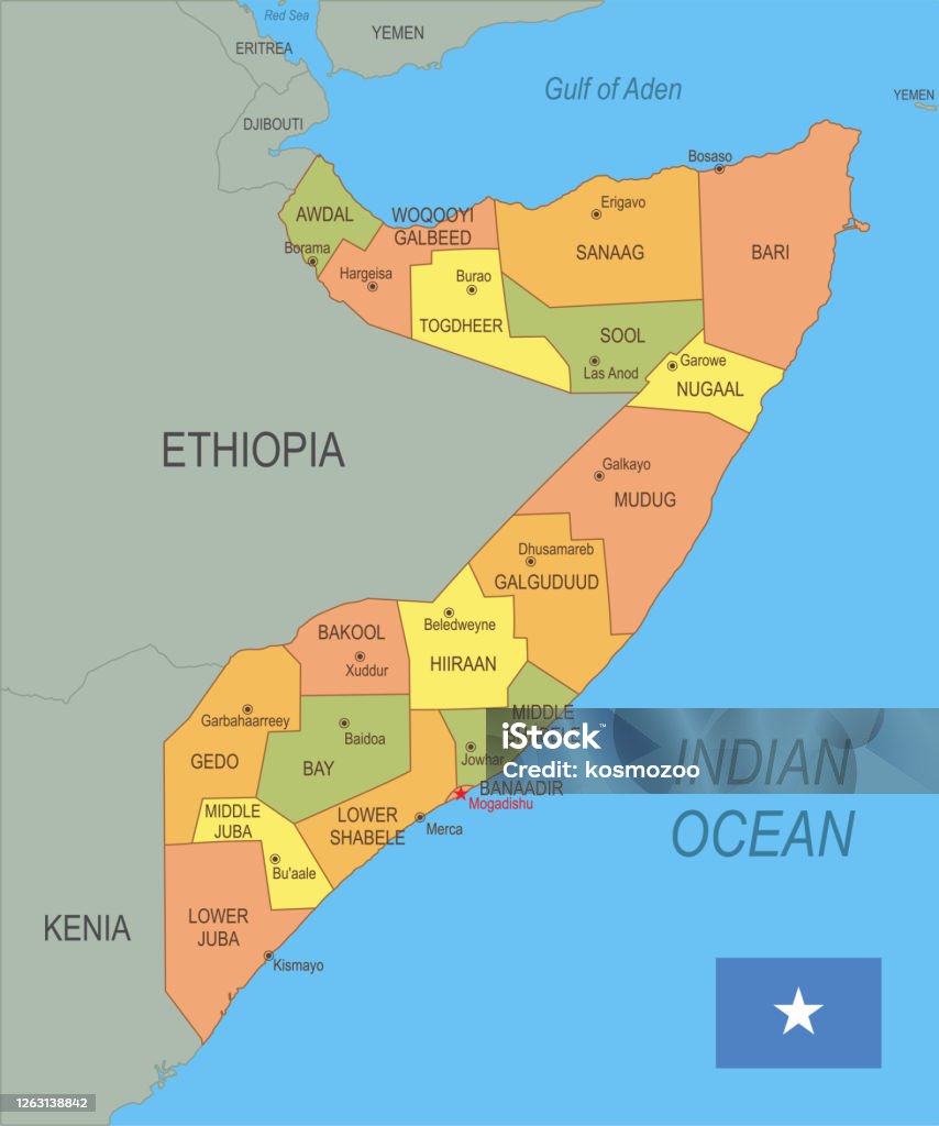 Flache Karte von Somalia mit Flagge - Lizenzfrei Somalia Vektorgrafik