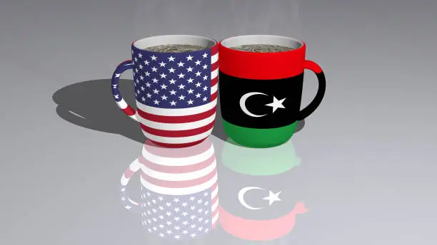 united-states-of-america libya placed on a cup of hot coffee mirrored on the floor in a 3D illustration with realistic perspective and shadows