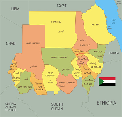 Detailed map of Sudan with surroundings, provinces, capital and flag.