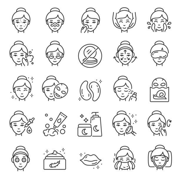 ilustrações de stock, clip art, desenhos animados e ícones de facial skin care, icon set. the woman applies products for healthy skin, linear icons. gram, mask, cosmetics for young elastic skin. line. editable stroke - rebellion aging process facial mask beauty treatment