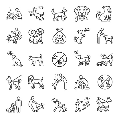 Dog walking, icon set. Dog on a leash with the owner, linear icons. Clean up after your dog. Playing with a pet. Line with editable stroke