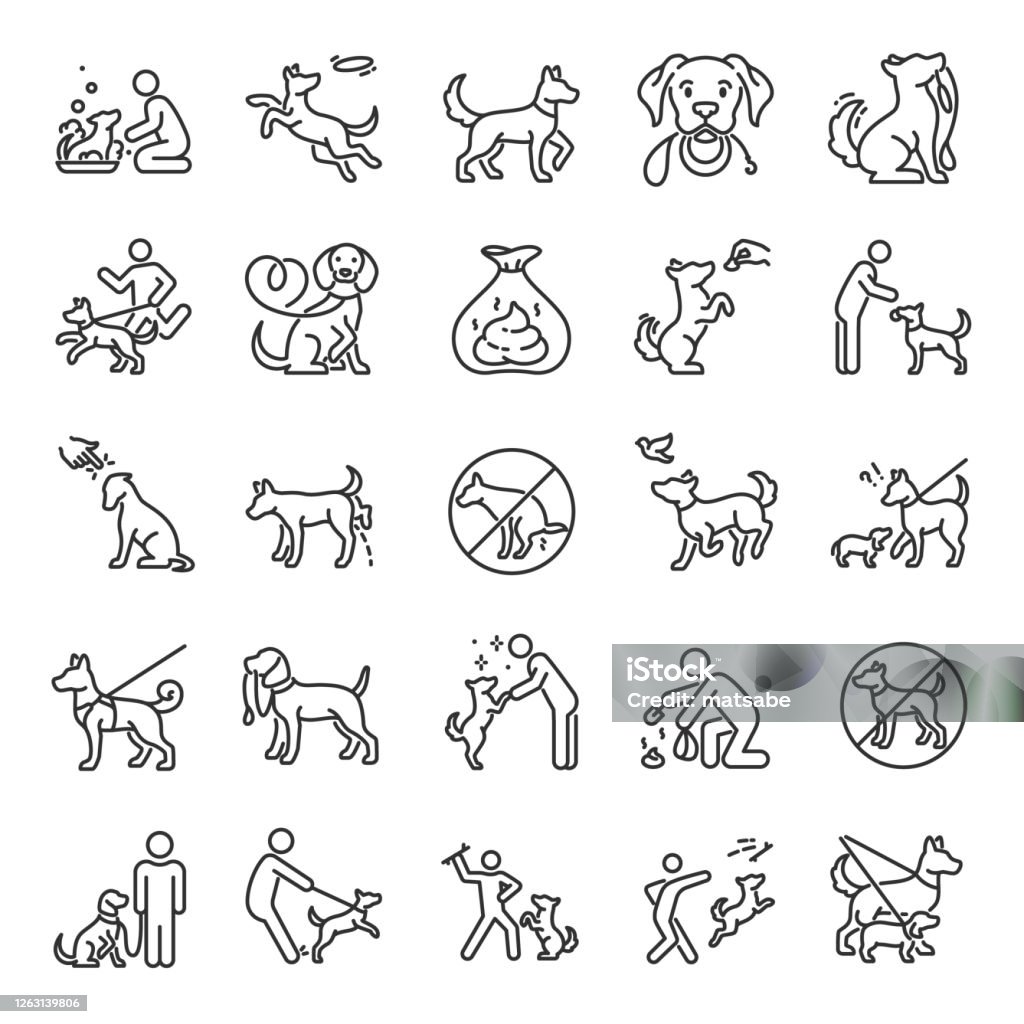 Dog walking, icon set. Dog on a leash with the owner, linear icons. Clean up after your dog. Playing with a pet. Editable stroke Dog walking, icon set. Dog on a leash with the owner, linear icons. Clean up after your dog. Playing with a pet. Line with editable stroke Dog stock vector