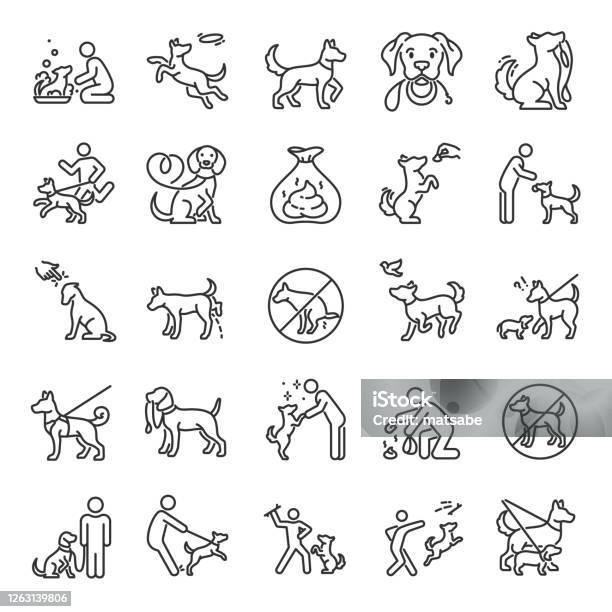 Dog Walking Icon Set Dog On A Leash With The Owner Linear Icons Clean Up After Your Dog Playing With A Pet Editable Stroke Stock Illustration - Download Image Now