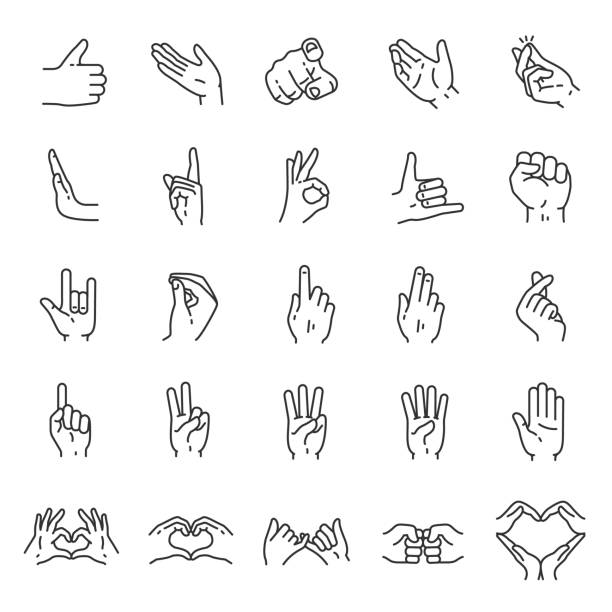ilustrações de stock, clip art, desenhos animados e ícones de hand gestures, icon set. finger gesture, linear icons. thumb up, ok, palm, point, stop, snap fingers. line. editable stroke - snapping