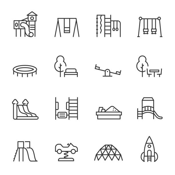 Playground, icon set. Play area for children outdoors, linear icons. Line. Editable stroke Playground, icon set. Play area for children outdoors, linear icons. Line with editable stroke schoolyard stock illustrations