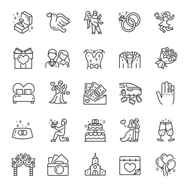 Vector illustration of Wedding, icon set. Marriage, linear icons. Make an offer. Line. Editable stroke