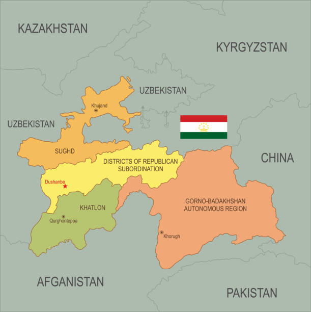 ilustrações de stock, clip art, desenhos animados e ícones de flat map of tajikistan with flag - tajik flag