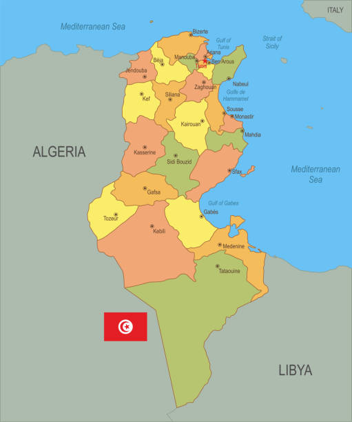 Flat map of Tunisia with flag Detailed map of Tunisia with surroundings, provinces, capital and flag. tunisia stock illustrations