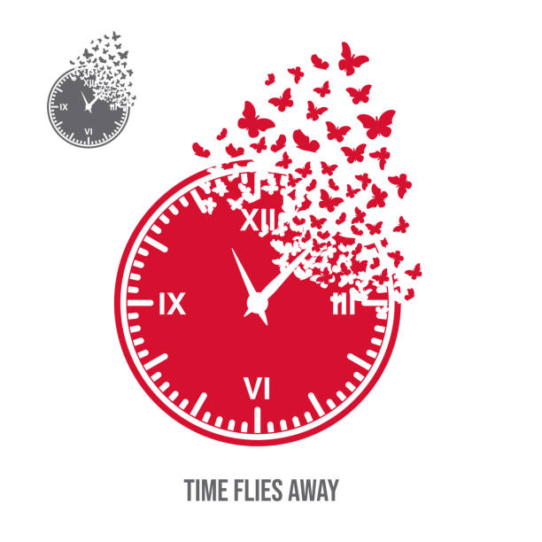 파괴의 효과와 시계의 다이얼. 분산. 나비 나방. - time flies stock illustrations