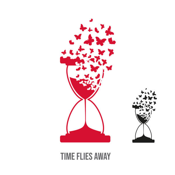ilustraciones, imágenes clip art, dibujos animados e iconos de stock de la esfera del reloj con el efecto de destrucción. dispersión. mariposas o polillas. - time flies