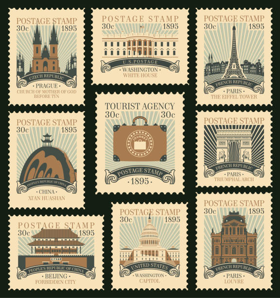 illustrations, cliparts, dessins animés et icônes de ensemble de timbres-poste sur le thème du voyage - louvre