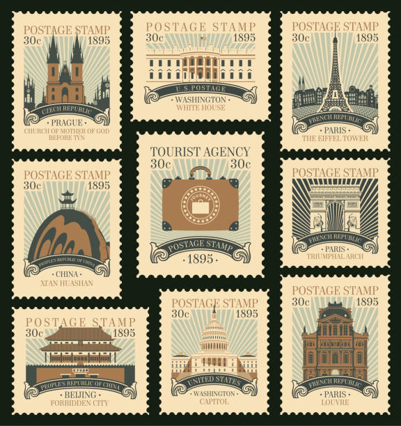 Set of old postage stamps on the travel theme with architectural and historical landmarks from around the world. Vector illustrations of various famous places in the form of old stamps in retro style