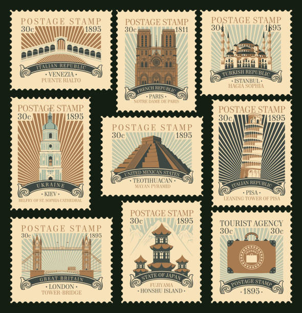set of postage stamps on the travel theme Set of postage stamps on the travel theme with various architectural and historical attractions from around the world. Vector illustrations of famous places in the form of old stamps in retro style campanile venice stock illustrations