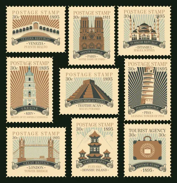 Vector illustration of set of postage stamps on the travel theme