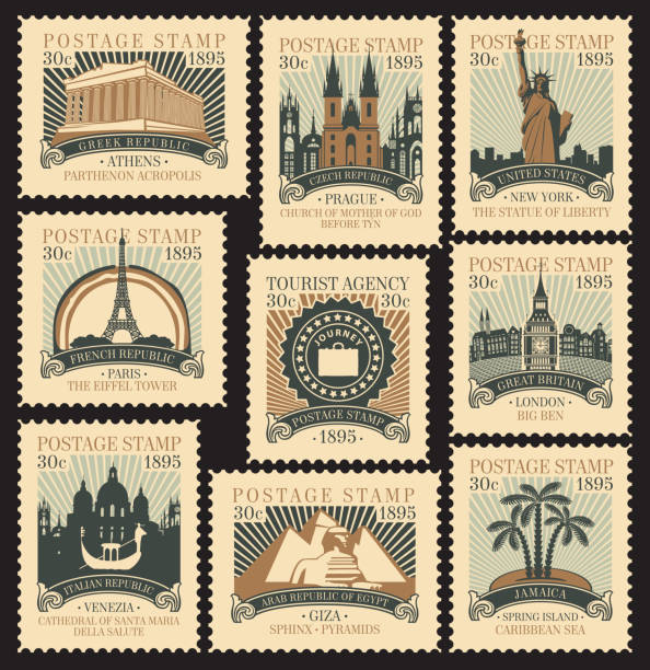 set of postage stamps on the travel theme Set of old postage stamps on the travel theme with architectural and historical landmarks from around the world. Vector illustrations of various famous places in the form of old stamps in retro style postage stamp illustrations stock illustrations