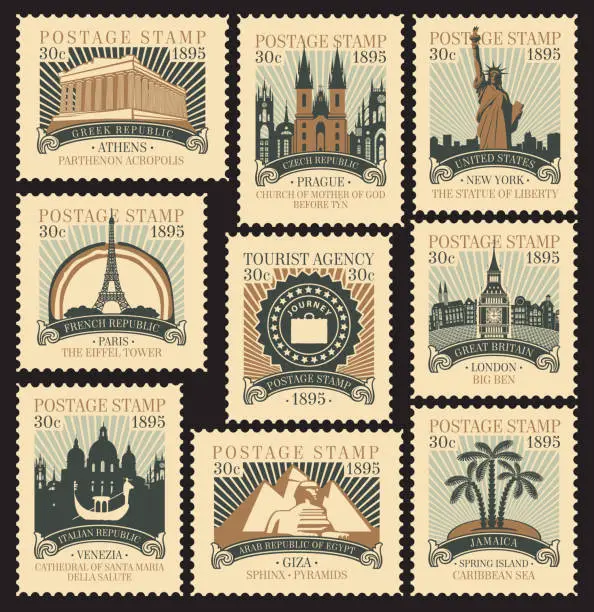 Vector illustration of set of postage stamps on the travel theme