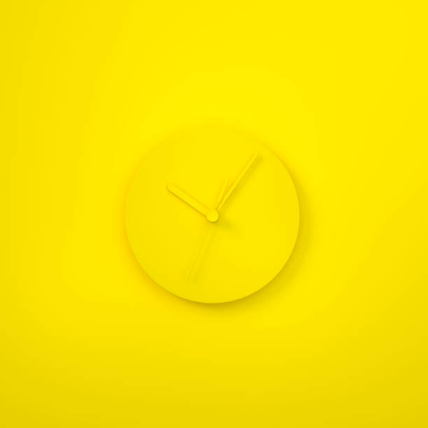 Watch, Round analog clock face on yellow background 3d rendering. 3d illustration minimal style conception of punctuality Precise time-keeping and measurement of time.