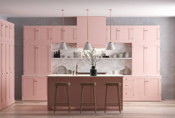 3d rendering of modern kitchen cabinet in pink color.
