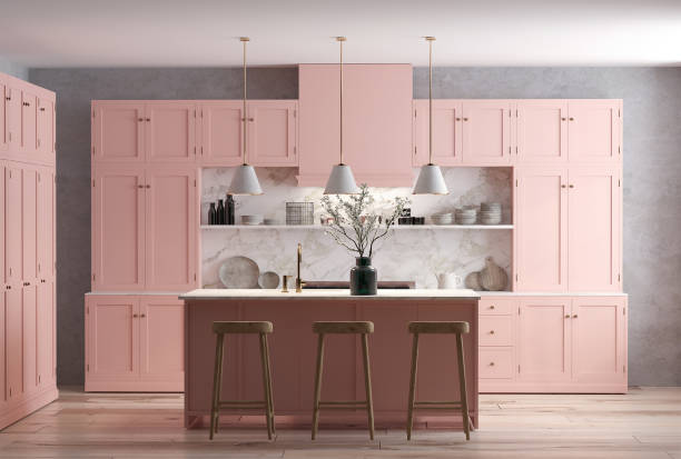 renderowanie 3d nowoczesnej szafki kuchennej w kolorze różowym. - domestic kitchen furniture decor luxury zdjęcia i obrazy z banku zdjęć