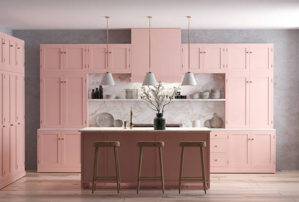 3d rendering of modern kitchen cabinet in pink color. - domestic kitchen contemporary domestic room lifestyles imagens e fotografias de stock