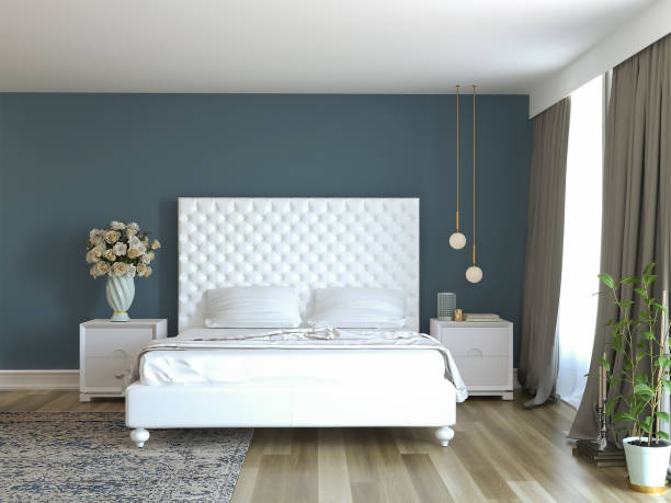 istock 3d rendering of neoclassical bedroom interior design with blue wall 1263148250
