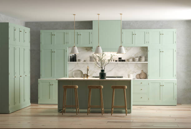 istock 3d rendering of new mint kitchen cabinet in contemporary interior design. 1263148256