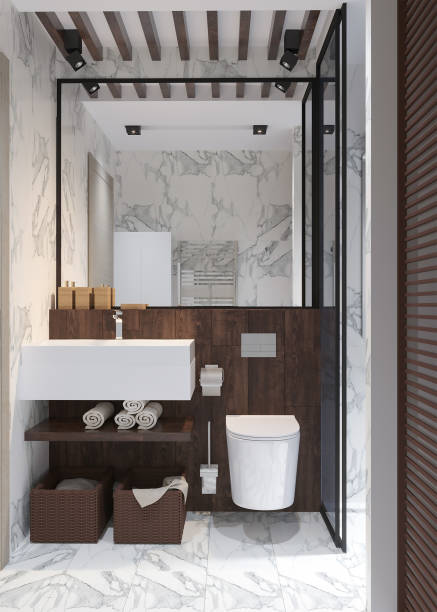 istock 3d rendering of new contemporary bathroom interior design with shower. 1263148267