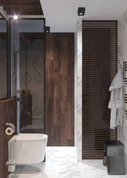 istock 3d rendering of new contemporary bathroom interior design with shower. 1263148290