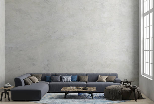 istock 3d rendering of new loft living room with big grey sofa. 1263148315