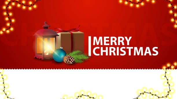 istock Merry Christmas, horizontal red greetings banner for website with gift, vintage lantern, Christmas tree branch with a cone and a Christmas ball 1263148986