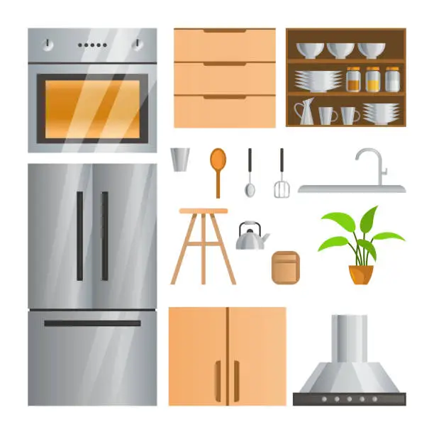 Vector illustration of collection of room decoration of kitchen with gradient design