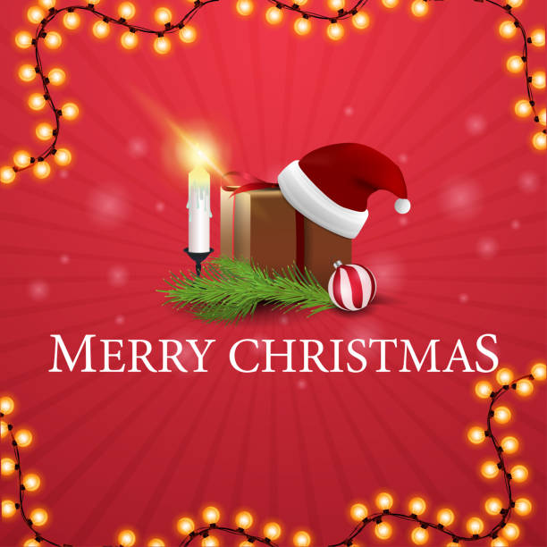 メリークリスマス、サンタクロースの帽子、ろうそく、クリスマスツリーブランチ、クリスマスボールとギフトと正方形の赤はがき - christmas christmas tree flower frame点のイラスト素材／クリップアート素材／マンガ素材／アイコン素材