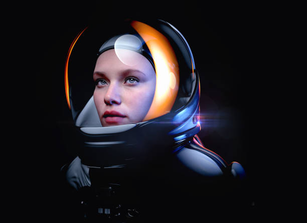 female astronaut with glass helmet female astronaut with glass helmet and dramatic lighting- 3d rendering astronaut stock pictures, royalty-free photos & images