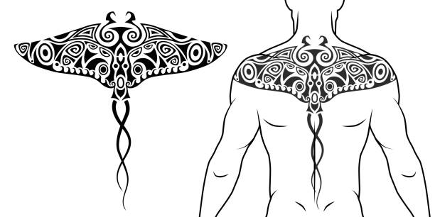 ilustrações de stock, clip art, desenhos animados e ícones de maori tribal style tattoo pattern with manta ray fit for a back, chest. with example on body. - manta ray maori tattoo pattern