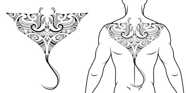illustrations, cliparts, dessins animés et icônes de modèle de tatouage tribal maori avec le rayon de manta ajustement pour un dos, coffre. avec l’exemple sur le corps. - manta ray maori tattoo pattern