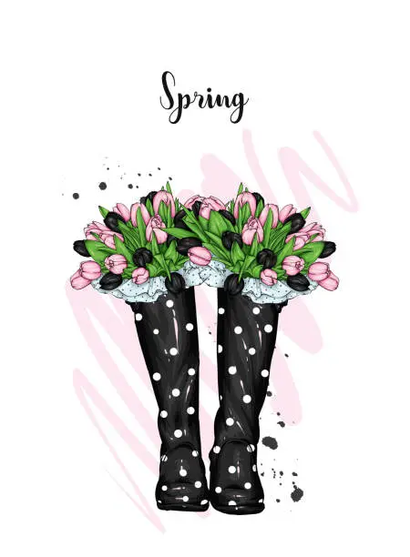 Vector illustration of Bouquet of tulips in a beautiful rubber boots. Vector illustration. Spring flowers.