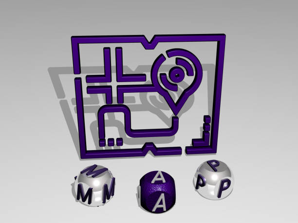 3D representation of map with icon on the wall and text arranged by metallic cubic letters on a mirror floor for concept meaning and slideshow presentation