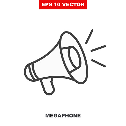 Loudspeaker vector icon for announce in public media. Loud speaker line symbol illustration for clear announcement isolated on white. Megaphone outline sign for notify or warning. V2
