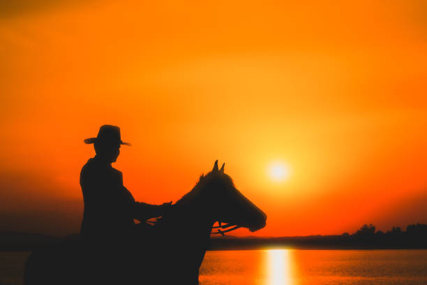 Silhouette Cowboy and  horse with sunset. A beautiful sunset silhouette of cowboys riding horseback with mountain range background during golden hours on the field.\